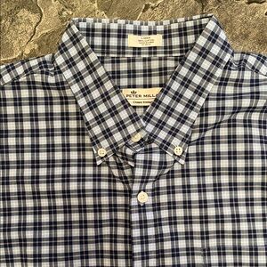 PETER MILLAR Men's Blue and White Preppy Plaid Checkered Shirt Business Casual